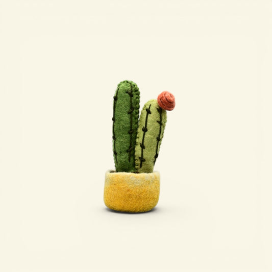 handmade wool felt cactus pot, tall colorway — green ridged cactus with an orange flower in a yellow pot, needle-felted in nepal