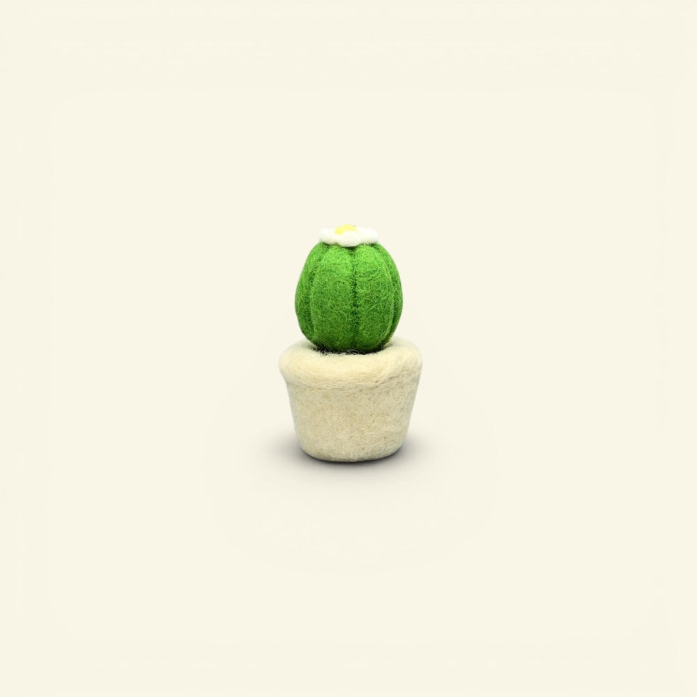 handmade wool felt succulent ornament, round colorway — green cactus ball with a white flower, needle-felted in nepal
