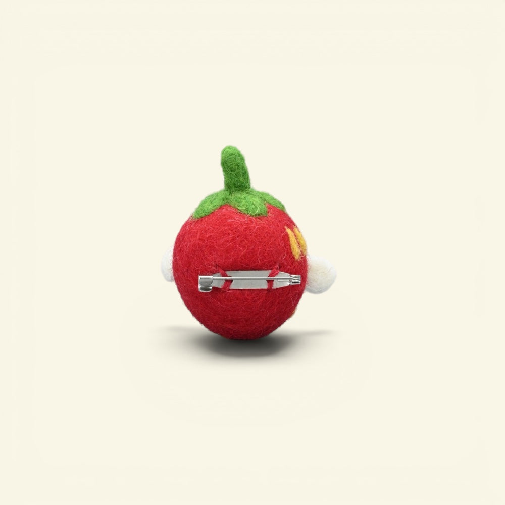felt strawberry brooch, about 2.2 inches tall, with metal pin back — handmade in nepal