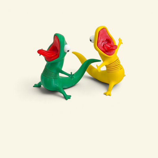the screaming lizard – green and yellow spring-neck lizards mid-scream, spring coils showing, 3d printed pla, uggaz