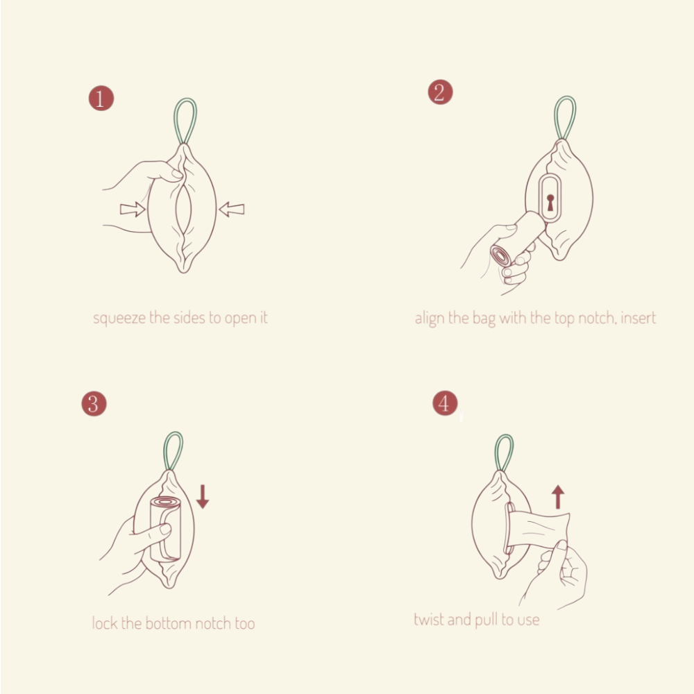 how to load the dumpling dispenser: squeeze the sides to open it, align the bag with the top notch and insert, lock the bottom notch too, twist and pull to use