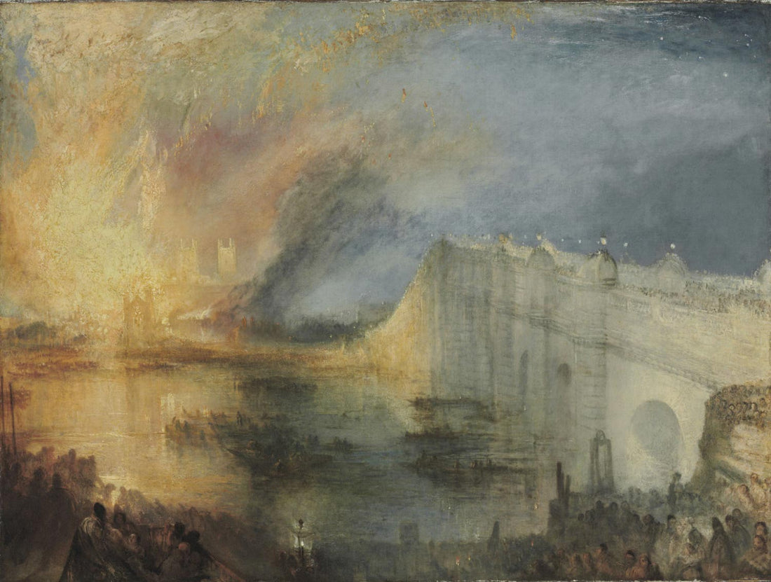 j. m. w. turner's painting of the houses of lords and commons burning on 16 october 1834, flames and smoke reflected in the thames