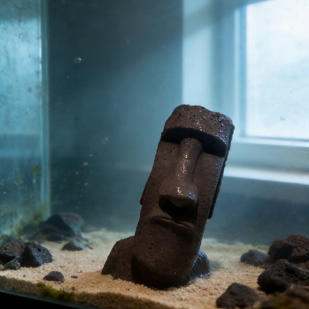 the moai figurine detail on aquarium sand substrate, uggaz