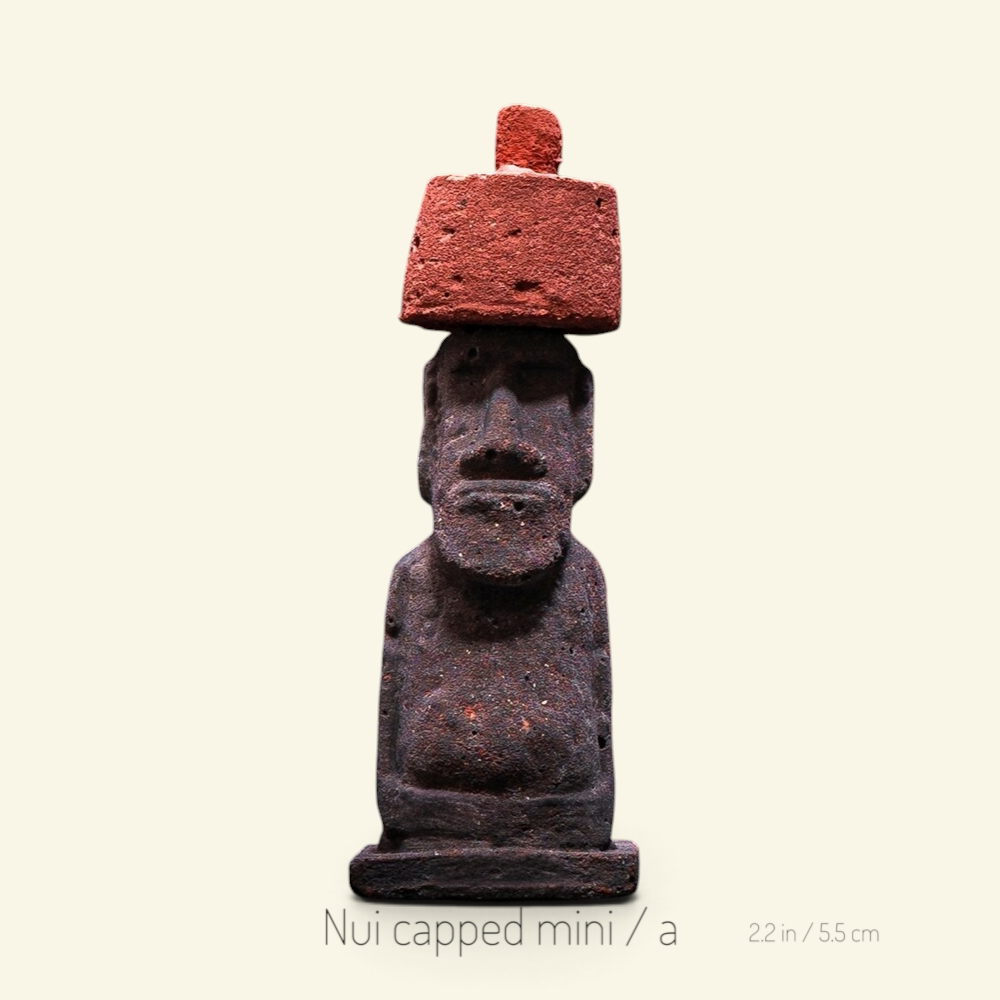 the moai – nui capped mini a, red pukao topknot, 2.2 x 0.7 in / 5.5 x 1.9 cm base, uggaz