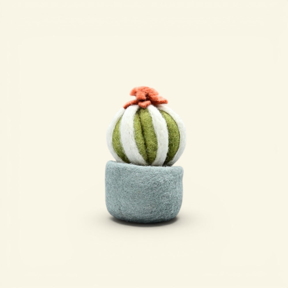 handmade wool felt cactus pot, round colorway — green and white striped cactus ball in a blue pot, needle-felted in nepal
