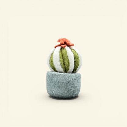 handmade wool felt cactus pot, round colorway — green and white striped cactus ball in a blue pot, needle-felted in nepal