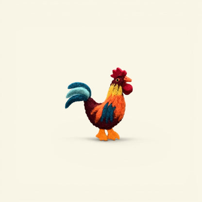 the felt farm – wool felt rooster brooch, burgundy and flame orange with a teal tail, uggaz