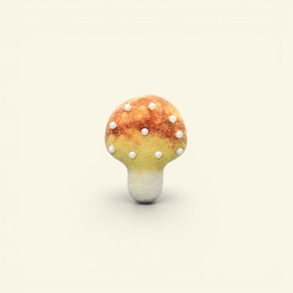 the felt garden – wool felt mushroom brooch, amber and cream cap dotted with pearl beads, uggaz