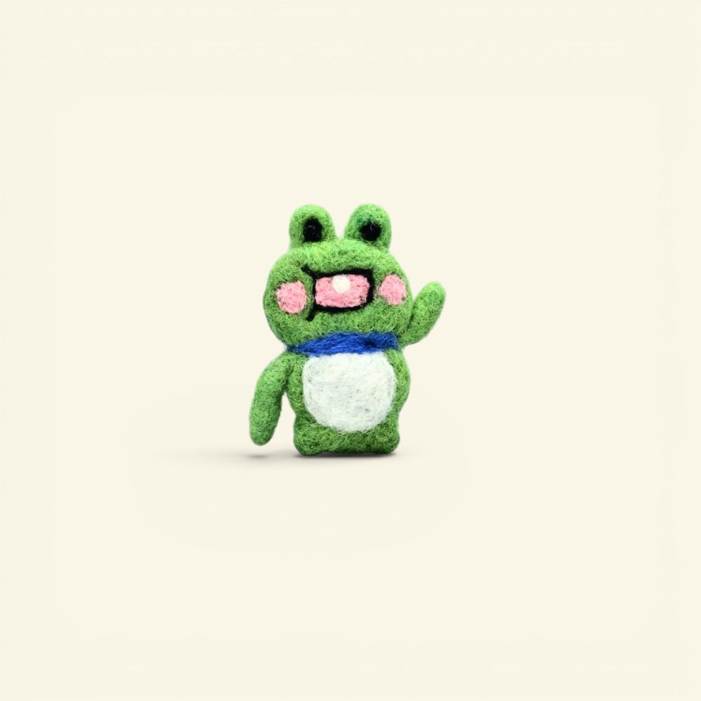 handmade wool felt frog brooch — green with a blue collar, needle-felted in nepal