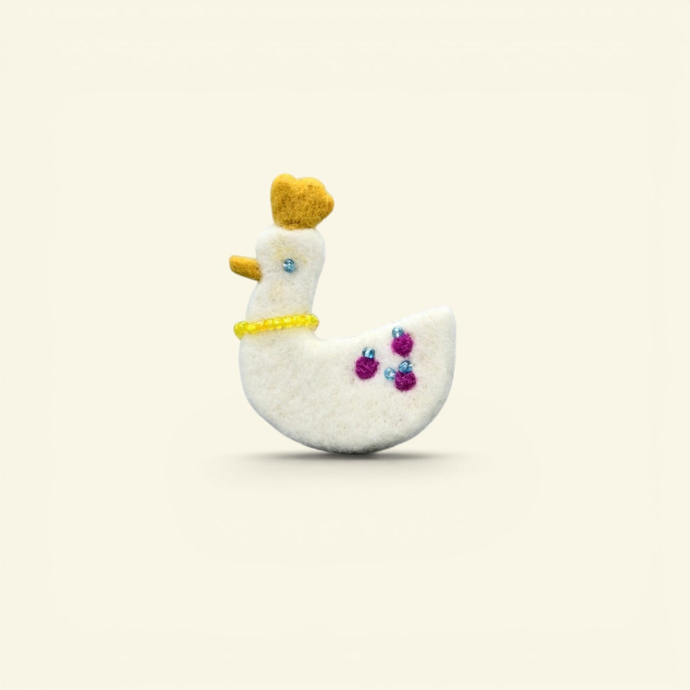 the felt farm – wool felt duck brooch, white and gold with a beaded necklace, uggaz