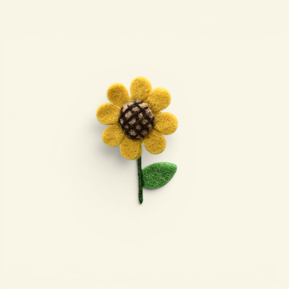 the felt garden – wool felt sunflower brooch, marigold petals and green stem, needle-felted in nepal, uggaz