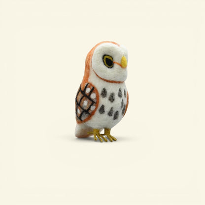 handmade wool felt barn owl ornament — orange and white feather detail, needle-felted in nepal