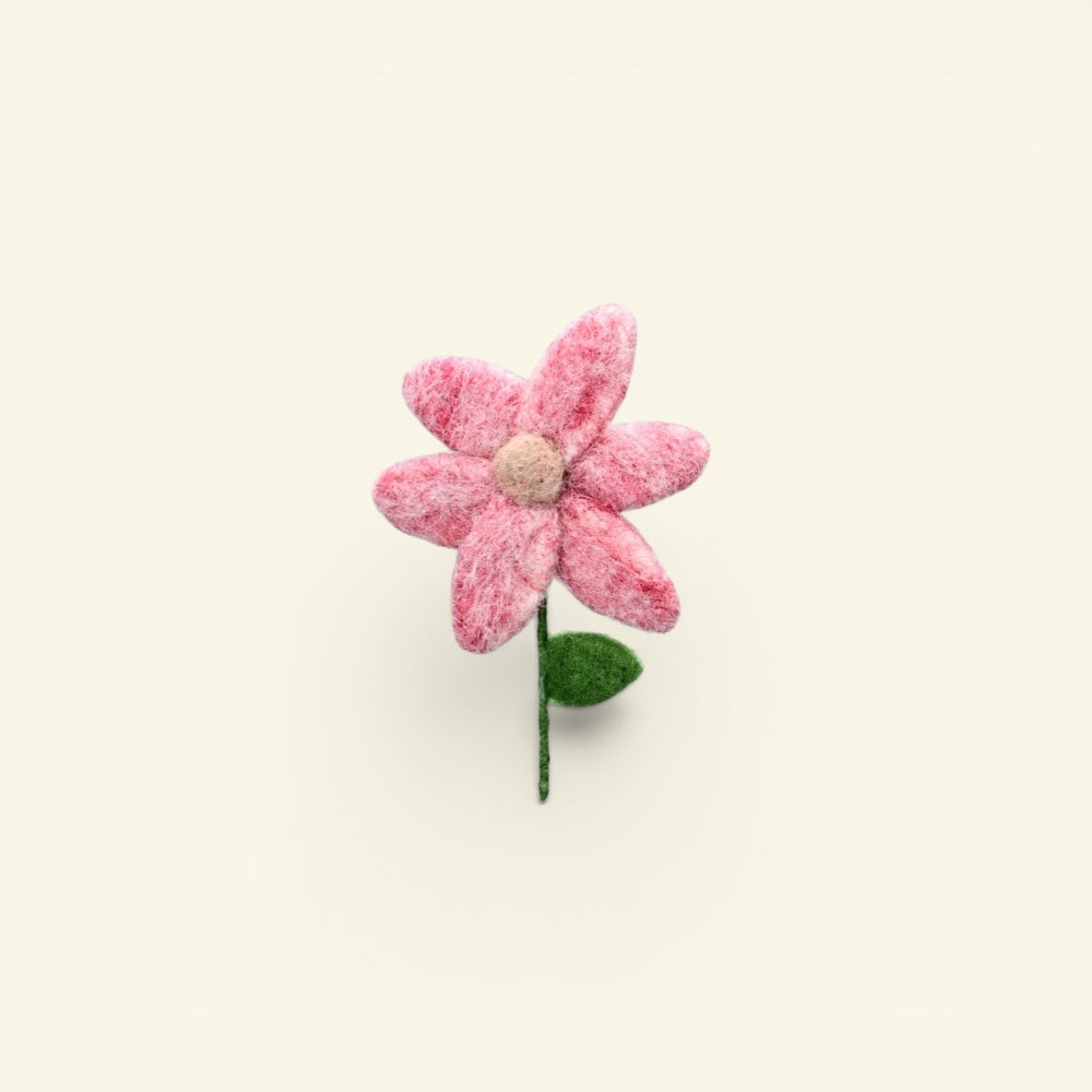 the felt garden – wool felt pink daisy brooch, heathered petals and green stem, uggaz