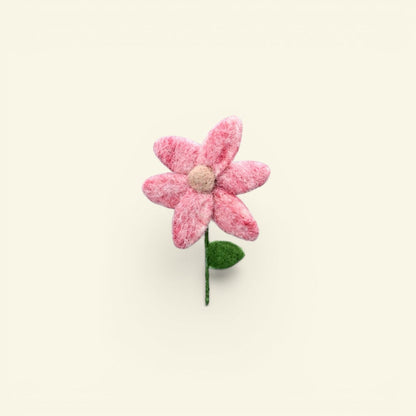 the felt garden – wool felt pink daisy brooch, heathered petals and green stem, uggaz
