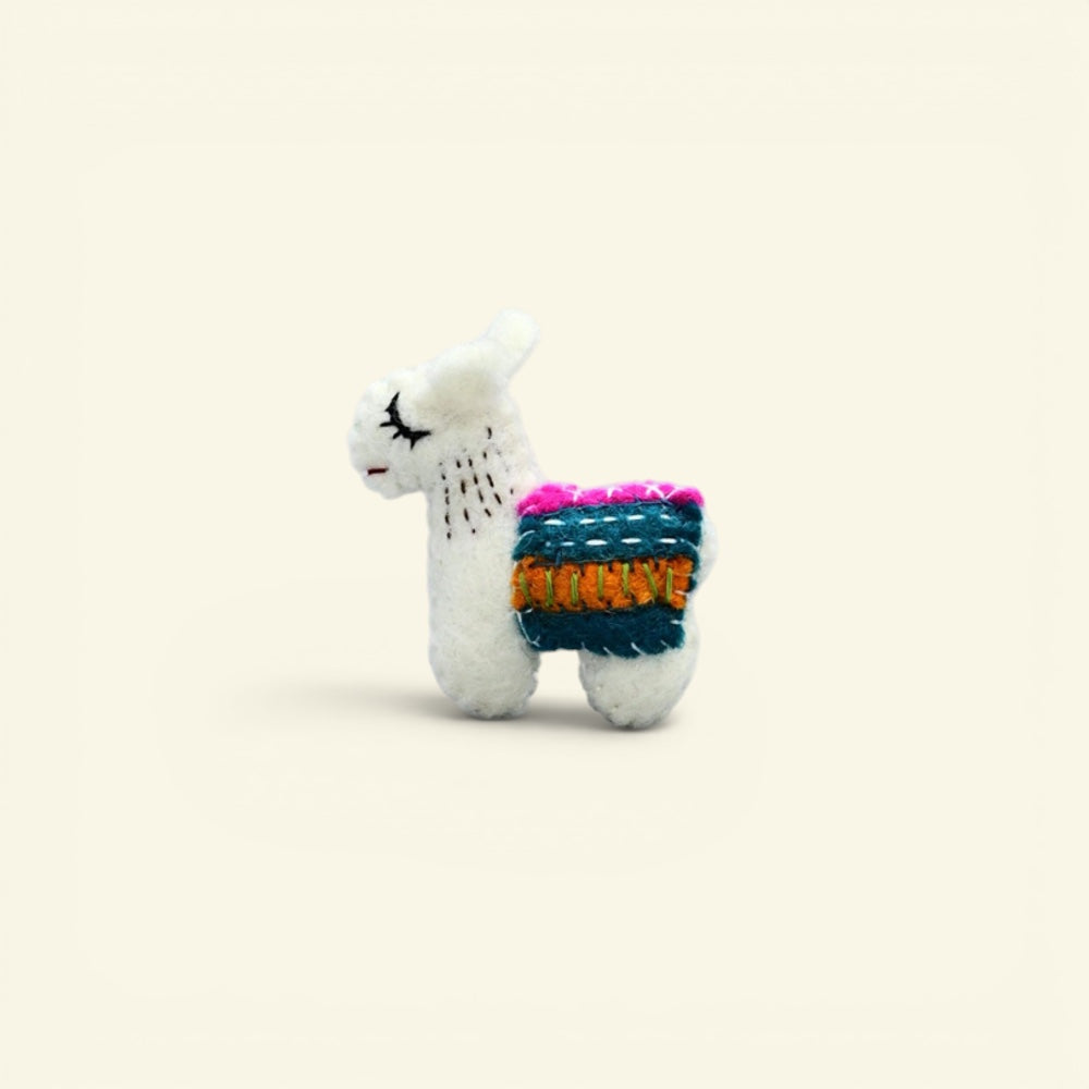 the felt farm – wool felt llama brooch with a hand-stitched teal and pink blanket, uggaz