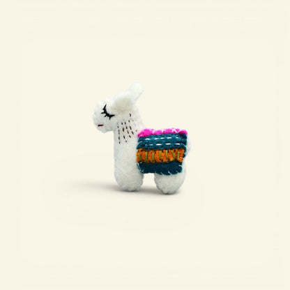 the felt farm – wool felt llama brooch with a hand-stitched teal and pink blanket, uggaz