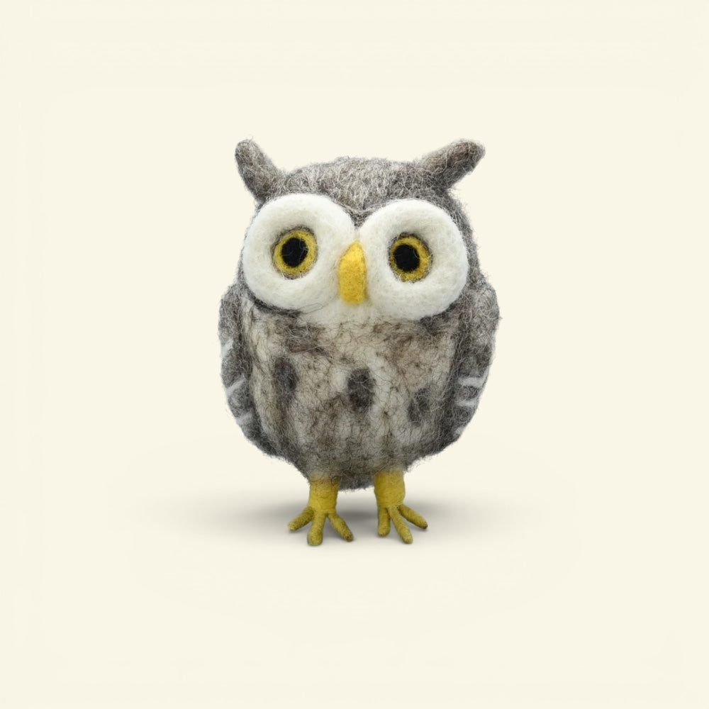 the night owl – handmade wool felt owl ornament, gray with white eye rings and yellow beak, uggaz