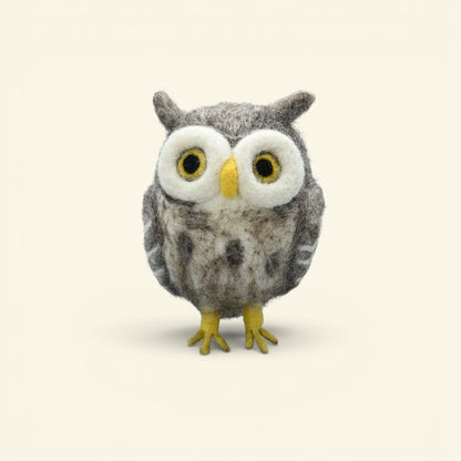 the night owl – handmade wool felt owl ornament, gray with white eye rings and yellow beak, uggaz