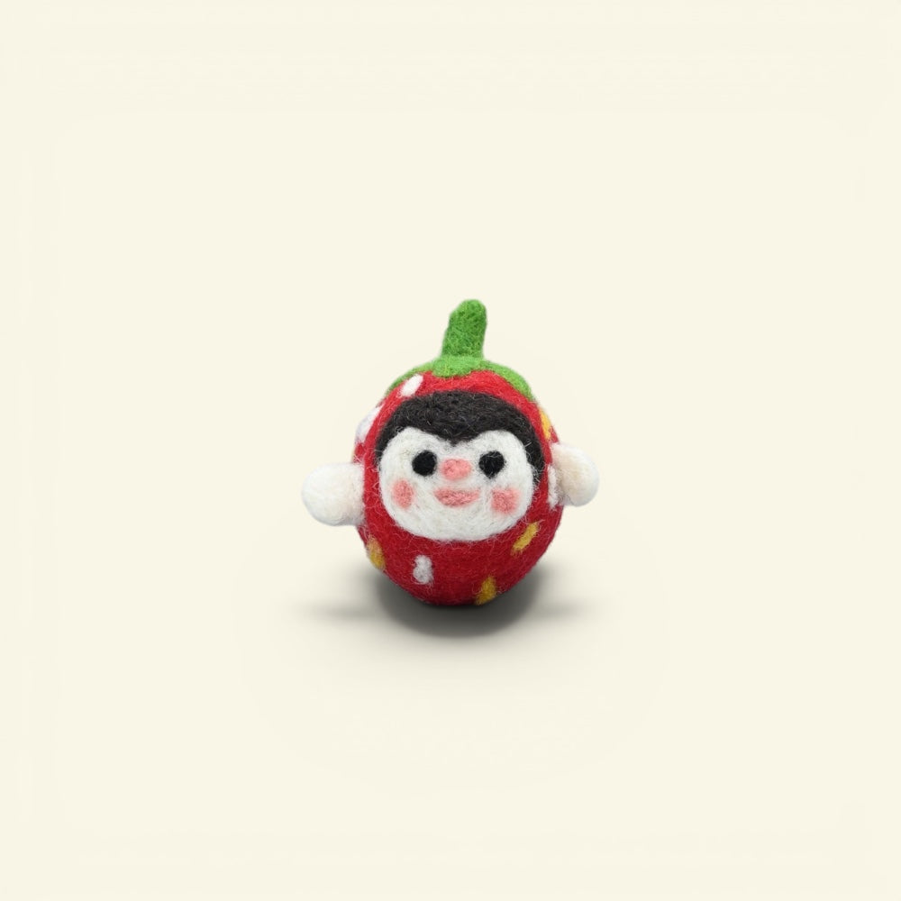 the felt garden – wool felt strawberry brooch, red and green with a peeking cream face, uggaz