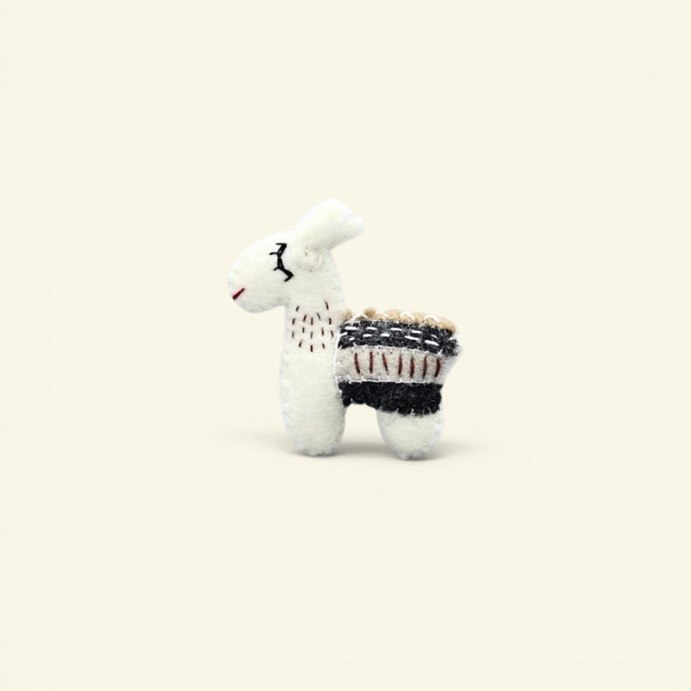 the felt llama – black & tan blanket, white wool felt llama brooch, handmade in nepal, uggaz