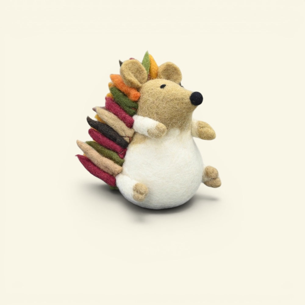 handmade wool felt hedgehog ornament — cream body with multicolor felt quills, needle-felted in nepal