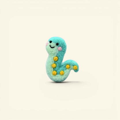 the felt wild – wool felt snake brooch, teal and mint with yellow dots and pink cheeks, uggaz
