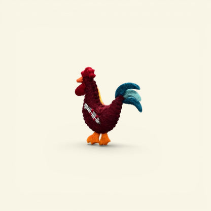 wool felt rooster brooch detail — hand-needled feathers and stitched wing markings