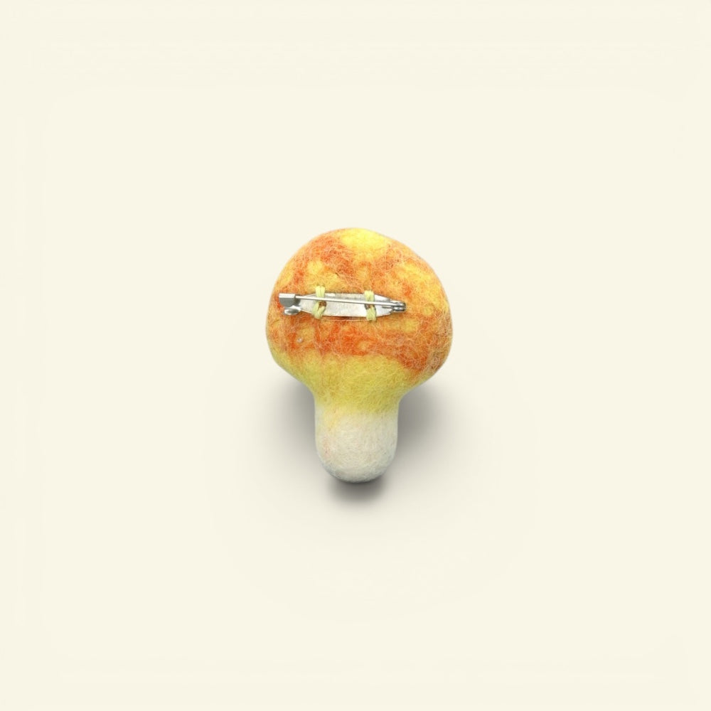 felt mushroom brooch, about 2.6 inches tall, with metal pin back — handmade in nepal