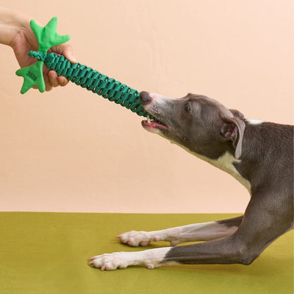Dog chewing The Knot Harvest cucumber rope toy, showing the yellow flower detail
