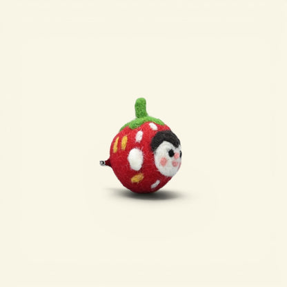 needle-felted wool strawberry brooch handmade in nepal — each one felted individually, no two alike