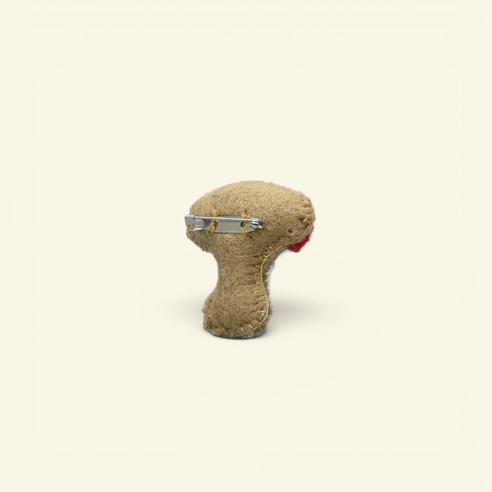 felt mushroom brooch, about 2.4 inches tall, with metal pin back — handmade in nepal