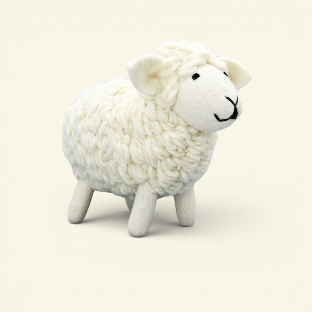 handmade wool sheep ornament — cream chunky knit fleece, needle-felted body, handmade in nepal