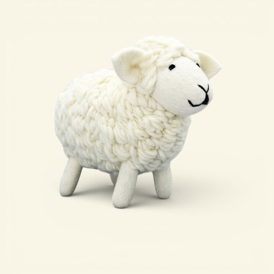 handmade wool sheep ornament — cream chunky knit fleece, needle-felted body, handmade in nepal