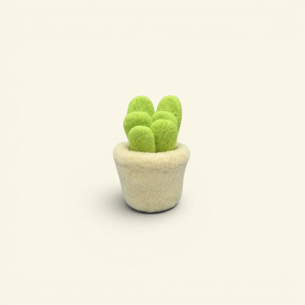 handmade wool felt succulent ornament, tall colorway — bright green cactus fingers in a cream pot, needle-felted in nepal
