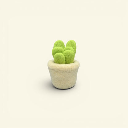 handmade wool felt succulent ornament, tall colorway — bright green cactus fingers in a cream pot, needle-felted in nepal
