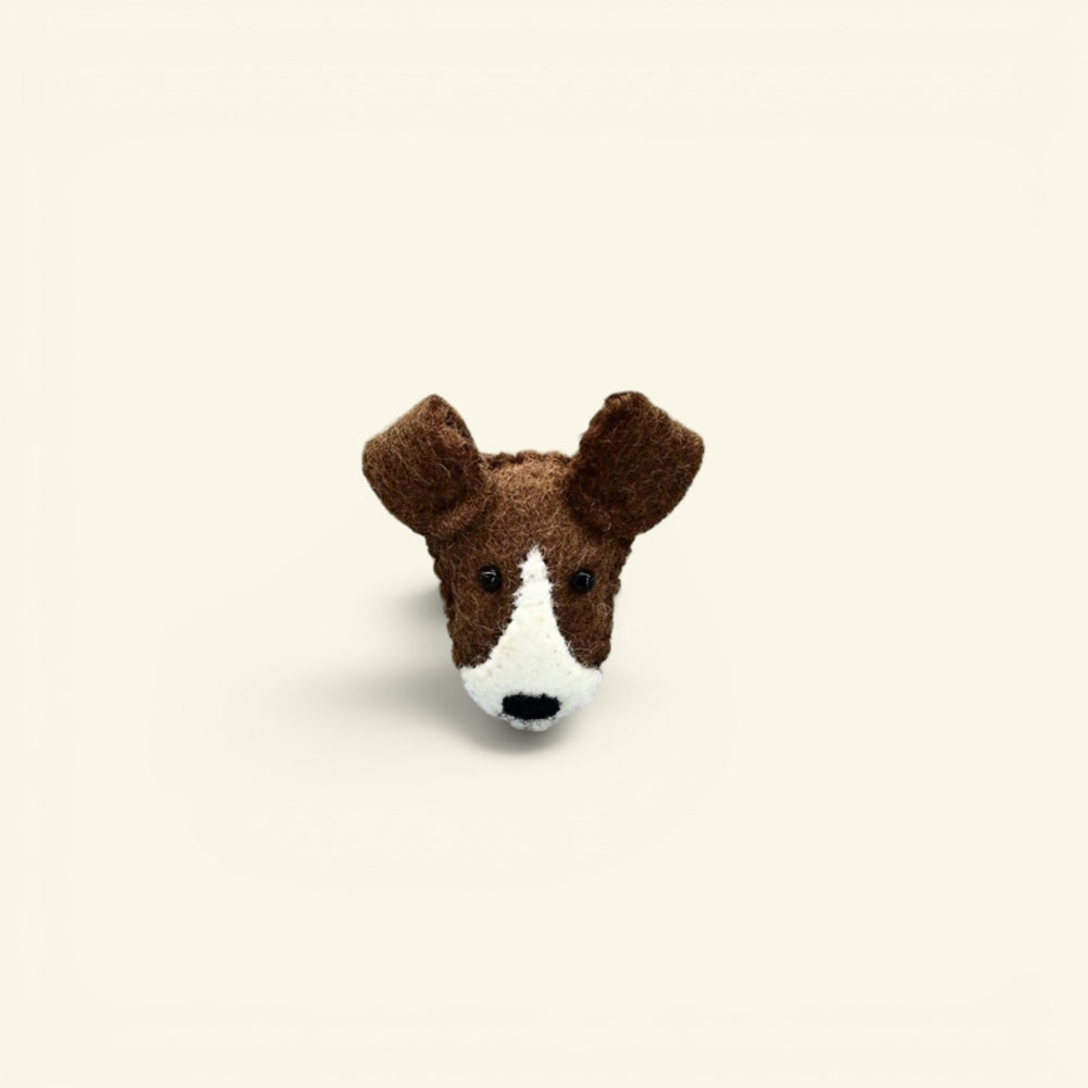 the felt house – wool felt dog head brooch, brown and white, needle-felted in nepal, uggaz