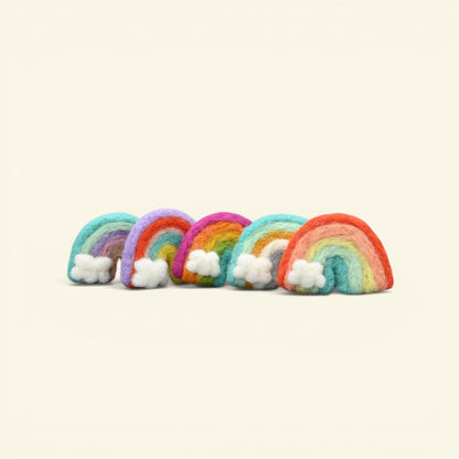 needle-felted wool rainbow brooches handmade in nepal — each one felted individually, no two alike