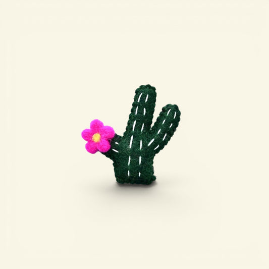 handmade wool felt cactus brooch — dark green with a hot pink flower, needle-felted in nepal, metal pin back