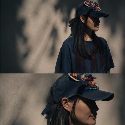 two photos of a person wearing the tiger head cap outdoors in strong shadow light, tiger face visible above the brim, uggaz