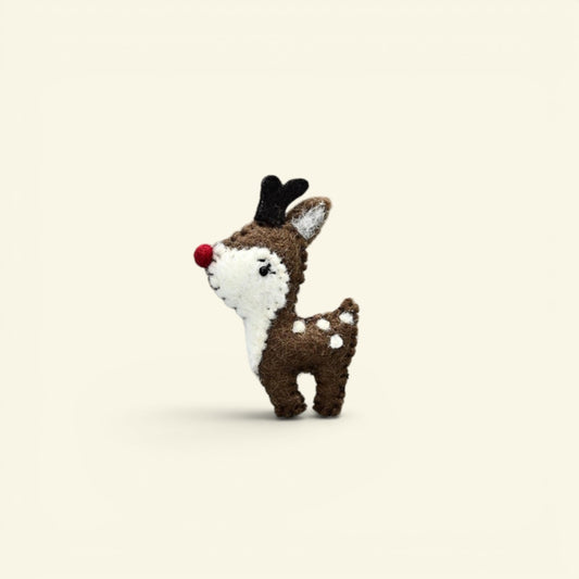 handmade wool felt reindeer brooch — brown and white with a red nose, needle-felted in nepal