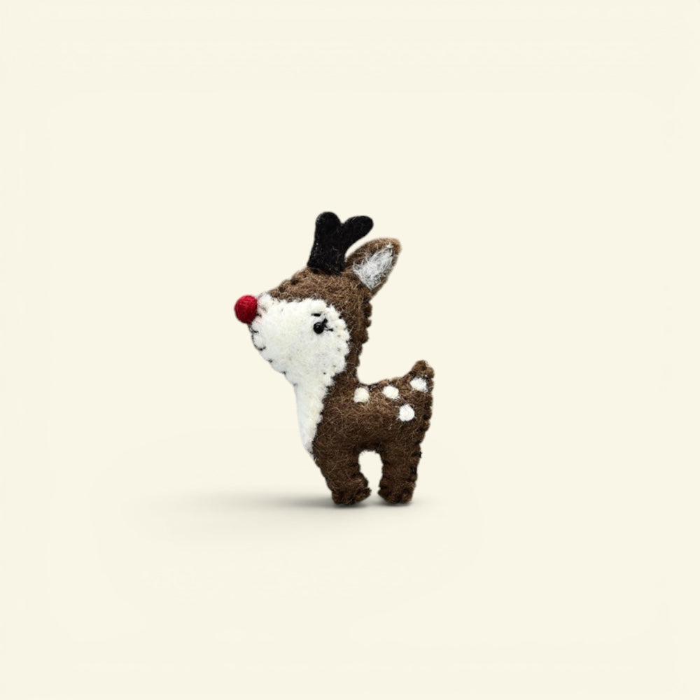 the felt woods – wool felt reindeer brooch, brown and white with a red nose, uggaz