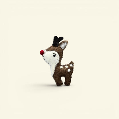 the felt woods – wool felt reindeer brooch, brown and white with a red nose, uggaz