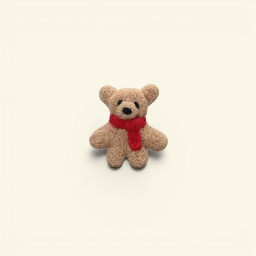 the felt woods – wool felt bear brooch, honey brown in a red scarf, uggaz