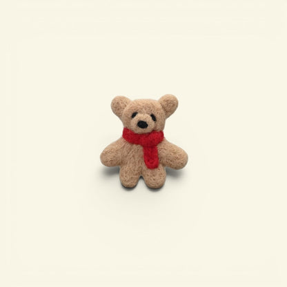 the felt woods – wool felt bear brooch, honey brown in a red scarf, uggaz