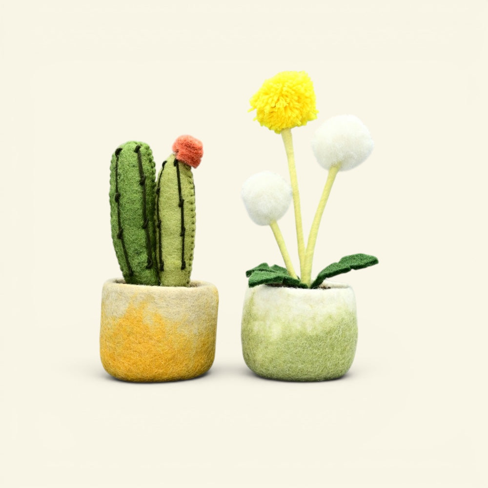 felt planter ornament, about 6.3 inches tall — cactus or dandelion, handmade in nepal, display piece