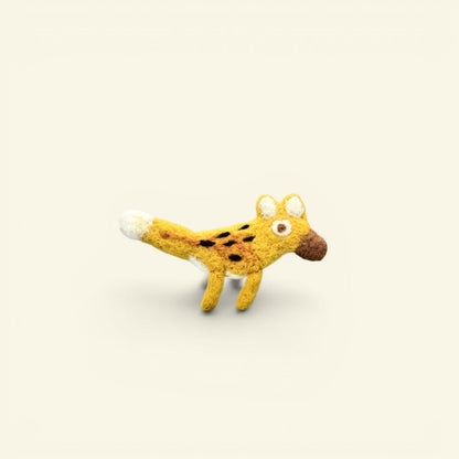 the felt woods – wool felt abstract fox brooch, gold with black spots and white-tipped tail, uggaz