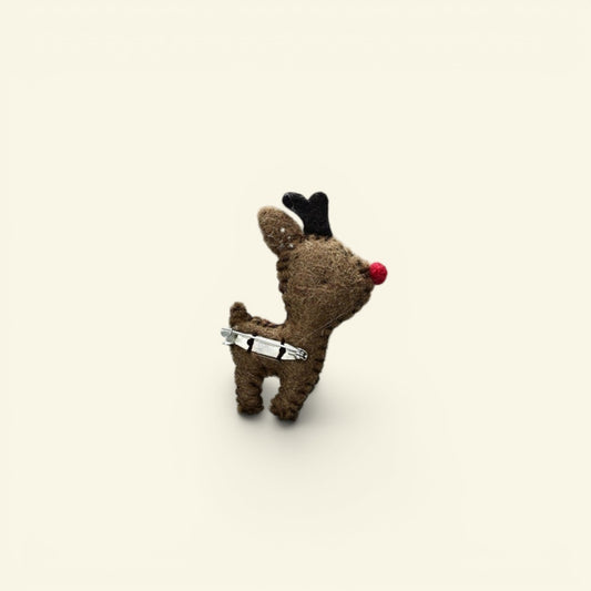 wool felt reindeer brooch detail — hand-needled antlers and red nose
