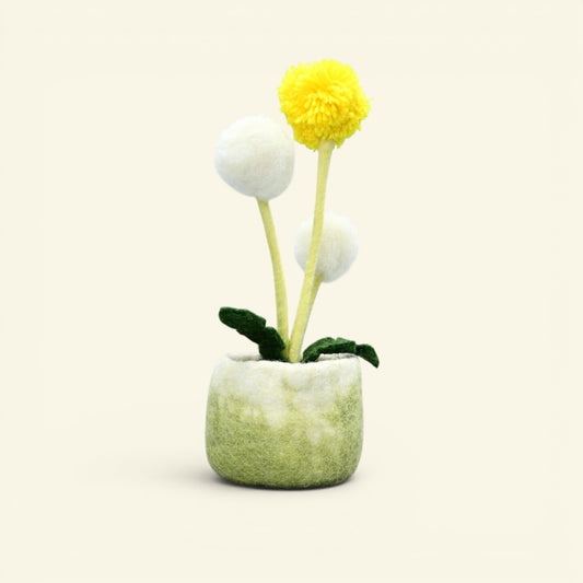 handmade wool felt dandelion planter — yellow and white pom-pom blooms in a green pot, needle-felted in nepal