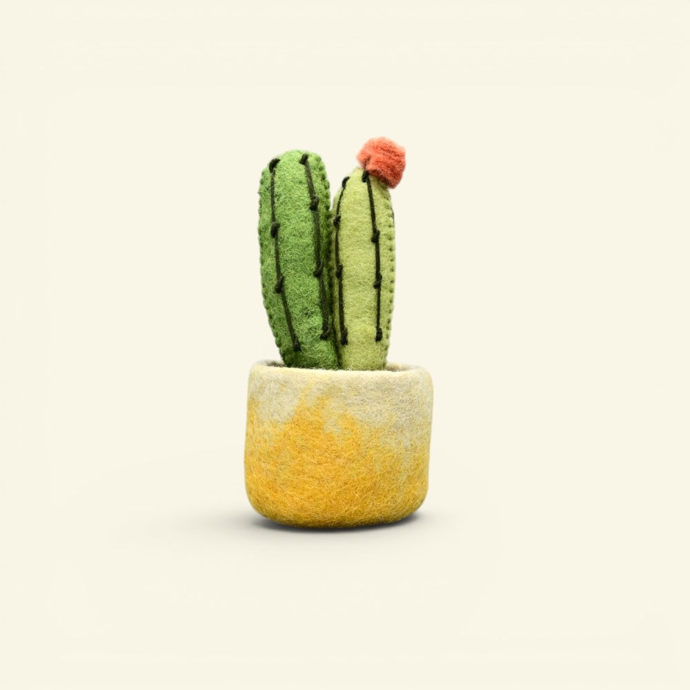 handmade wool felt cactus planter — green cactus with a coral bloom in a cream pot, needle-felted in nepal