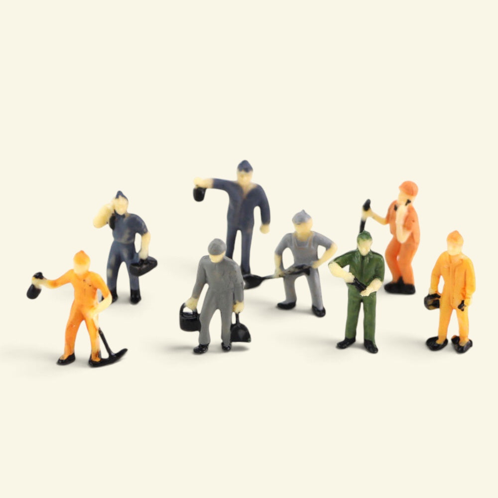 a group of painted 1:87 workers in orange, grey, navy and green uniforms holding tools and buckets